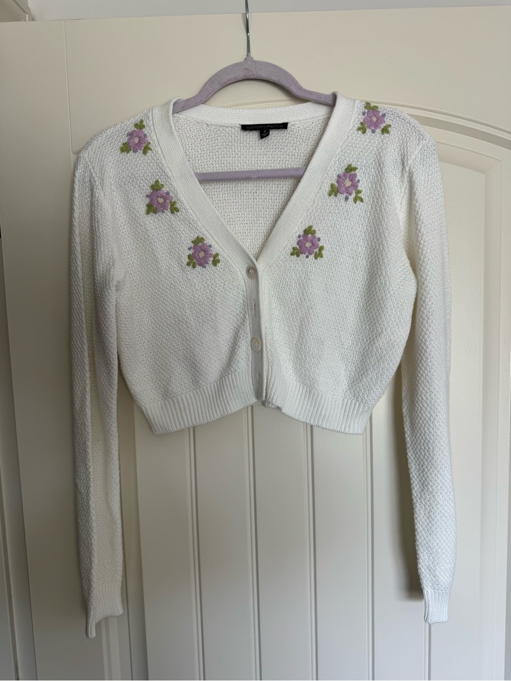 Cotton Candy White Cardigan with Lavender and Green Floral Embroidery